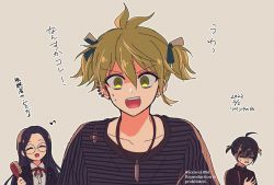 Rule 34 | 108 (toowa), 1girl, 2boys, :d, ahoge, amami rantaro, antenna hair, black jacket, clenched teeth, collarbone, collared shirt, comb, danganronpa (series), danganronpa v3: killing harmony, ear piercing, earrings, green eyes, green hair, grey background, hair between eyes, hand up, highres, holding, jacket, jewelry, long hair, messy hair, multiple boys, neck ribbon, necklace, open clothes, open jacket, open mouth, piercing, red ribbon, ribbon, saihara shuichi, shirogane tsumugi, shirt, short hair, short twintails, simple background, smile, striped clothes, striped shirt, sweat, teeth, translation request, twintails, twitter username, upper teeth only, white shirt