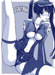 Rule 34 | 00s, 1girl, areola slip, black hair, blush, breasts, cameltoe, cleavage, covered erect nipples, d.gray-man, gloves, hanzaki jirou, large breasts, lenalee lee, long hair, monochrome, solo, spread legs, sweat, thighhighs, twintails, underboob