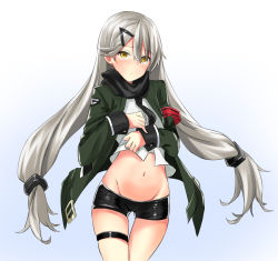 Rule 34 | 1girl, armband, blush, clothes lift, fingerless gloves, girls&#039; frontline, gloves, hair between eyes, hair ornament, hairclip, highres, jacket, long hair, looking at viewer, mg4 (girls&#039; frontline), navel, shirt lift, short shorts, shorts, silver hair, simple background, solo, thigh strap, twintails, very long hair, yellow eyes