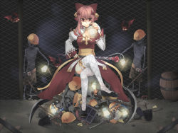 Rule 34 | 1girl, arch bishop (ragnarok online), barrel, bat (animal), bell, bow, chain-link fence, cleavage cutout, closed mouth, clothing cutout, commentary request, crossed legs, drainliar, dress, fence, full body, gem, hair bell, hair between eyes, hair bow, hair ornament, hard hat, helmet, holding, holding lantern, lantern, long hair, looking at viewer, myst (ragnarok online), pile of skulls, pink hair, ragnarok online, railroad tracks, red bow, red dress, red eyes, reona amane, rock, shield, shovel, sitting, skel worker, skeleton, skull, smile, thighhighs, two-tone dress, undead, white dress, white thighhighs