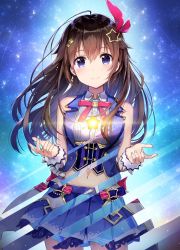 Rule 34 | 1girl, amagai tarou, bare shoulders, blouse, blue skirt, blue vest, breasts, brown hair, collared shirt, commentary, cowboy shot, crop top, hair flaps, hair ornament, highres, hololive, large breasts, long hair, looking at viewer, midriff, miniskirt, navel, neck ribbon, pleated skirt, purple eyes, red ribbon, ribbon, shirt, sidelocks, skirt, sleeveless, sleeveless shirt, smile, solo, standing, star (symbol), star hair ornament, tokino sora, tokino sora (1st costume), underbust, vest, virtual youtuber, waist cape, white shirt, wing collar, wrist cuffs