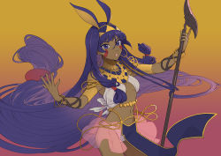 Rule 34 | 1girl, bracelet, breasts, cowboy shot, dark-skinned female, dark skin, earrings, fate/grand order, fate (series), gradient background, holding, holding staff, hoop earrings, isshoku (shiki), jewelry, long hair, looking at viewer, multicolored background, navel, nitocris (fate), open mouth, panties, pink background, purple eyes, purple hair, simple background, small breasts, solo, staff, teeth, tongue, two-tone background, underwear, very long hair, yellow background