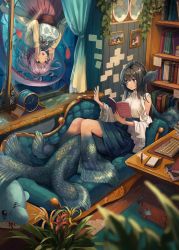 Rule 34 | 159cm, 2girls, air bubble, backpack, bag, bare shoulders, black eyes, black hair, blue dress, blue scales, book, bookshelf, brown bag, brown jacket, bubble, chaise longue, clock, clothing cutout, computer, desk, dress, fins, fish girl, frilled sleeves, frills, full body, green eyes, hands up, head fins, highres, holding, holding book, indoors, jacket, laptop, long hair, long sleeves, monster girl, multiple girls, open mouth, original, photo (object), picture frame, pink hair, pointy ears, scales, short hair, shoulder cutout, sitting, stuffed animal, stuffed dolphin, stuffed toy, submerged, tail, underwater, white dress
