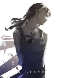 1girl absurdres arms_behind_back artist_name black_dress black_hair black_ribbon chainsaw_man closed_eyes dress fourth_east_high_school_uniform graceart0518 highres mitaka_asa ribbon school_uniform shirt solo white_shirt