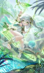 Rule 34 | 1girl, bloomers, cape, cross-shaped pupils, crystalfly (genshin impact), dress, feet, fern, flower, forest, fungi (genshin impact), genshin impact, gold bracelet, gradient hair, green cape, green eyes, green hair, hair ornament, highres, hiiragisoyogi, knees together feet apart, legs, long hair, multicolored hair, nahida (genshin impact), nature, no shoes, open mouth, outdoors, plant, pointy ears, reaching, side ponytail, sleeveless, sleeveless dress, smile, solo, stirrup footwear, stream, sunlight, swing, swinging, symbol-shaped pupils, toe scrunch, toeless footwear, toes, transparent, underwear, white bloomers, white dress, white hair
