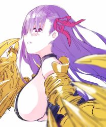 Rule 34 | 10s, 1girl, blurry, breasts, claws, depth of field, en@rain, fate/extra, fate/extra ccc, fate (series), from side, hair ribbon, highres, huge breasts, long hair, passionlip (fate), purple hair, red eyes, revealing clothes, ribbon, sideways mouth, simple background, solo, white background