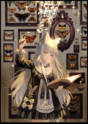 Rule 34 | 1girl, absurdres, animal ear fluff, animal ears, arm up, baocaizi, black border, black bow, black dress, blunt bangs, book, border, bow, bug, butterfly, cat ears, closed eyes, commentary request, cowboy shot, dress, framed insect, frilled sleeves, frills, glowing, highres, holding, holding book, insect, key, long hair, long sleeves, monarch butterfly, open book, original, parted lips, petals, pointer, silver hair, solo, swallowtail butterfly, too many, too many butterflies, very long hair