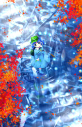 Rule 34 | 1girl, autumn, autumn leaves, backpack, bag, blue dress, blue footwear, blunt bangs, blush, boots, closed mouth, dress, female focus, frilled shirt collar, frills, full body, green hat, hair tie, hat, holding, kawashiro nitori, key, knee boots, light particles, long sleeves, looking at viewer, looking up, outdoors, pocket, rubber boots, sakaki soshi, seaweed, solo, standing, standing on liquid, touhou, twintails, water