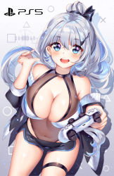 Rule 34 | 1girl, :d, artist name, bare shoulders, black bow, black jacket, black shorts, blue eyes, bow, breasts, cleavage, cleavage cutout, clothing cutout, commentary, controller, covered navel, game console, game controller, gradient background, grey background, hair between eyes, hair bow, hair ornament, hairclip, high ponytail, highres, holding, jacket, large breasts, long hair, long sleeves, looking at viewer, off shoulder, open clothes, open jacket, open mouth, original, personification, playstation 5, ponytail, product girl, short shorts, shorts, silver hair, smile, solo, sony, squchan, teeth, upper teeth only, very long hair, white background