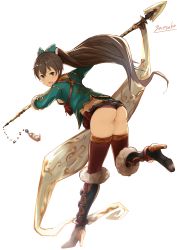 Rule 34 | 10s, 1girl, absurdres, aqua eyes, artist name, ass, belt, black hair, blush, boots, bow, breasts, from behind, full body, fur trim, ganaha hibiki, granblue fantasy, hair bow, hamuzou, high heels, highres, holding, holding weapon, holster, idolmaster, idolmaster (classic), jacket, knee boots, leg up, long hair, long sleeves, looking back, open mouth, polearm, ponytail, red thighhighs, short shorts, shorts, signature, small breasts, spear, thighhighs, very long hair, weapon, wedgie, white background, yatsuka (846)