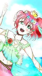 Rule 34 | 1girl, aqua eyes, aqua shirt, arm ribbon, artist name, artist request, bare shoulders, blue sky, blush, breasts, cloud, collarbone, crown, day, earrings, female focus, flower earrings, flower wreath, green eyes, hair between eyes, head wreath, jewelry, kurosawa ruby, looking at viewer, love live!, love live! sunshine!!, mini crown, necklace, outdoors, parted lips, pendent, pink skirt, red hair, ribbon, shirt, short hair, skirt, sky, small breasts, smile, solo, tobiuo sunshine