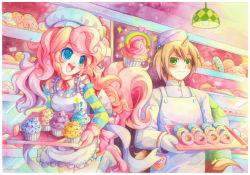 Rule 34 | 1boy, 1girl, :d, apron, blue eyes, blush, bread, chef hat, colorful, cupcake, donut joe, doughnut, emperpep, food, frilled apron, frills, gloves, green eyes, hat, holding, holding tray, horns, long hair, long sleeves, looking at another, looking to the side, mary janes, muffin, my little pony, my little pony: friendship is magic, neck ribbon, off-shoulder shirt, off shoulder, open mouth, oven mitts, painting (medium), personification, pink footwear, pink gloves, pink hair, pink theme, pinkie pie, rainbow, ribbon, shelf, shirt, shoes, shop, signature, single horn, smile, socks, sparkle, standing, standing on one leg, striped clothes, striped shirt, tail, traditional media, tray, waist apron, watercolor (medium), white gloves, white legwear