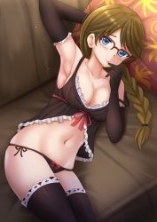Rule 34 | 1girl, :p, armpits, babydoll, bare shoulders, black gloves, black panties, black thighhighs, blue eyes, blush, bow, bow panties, braid, breasts, brown hair, character request, cleavage, closed mouth, collarbone, commentary, elbow gloves, female focus, glasses, gloves, highres, kazenokaze, long hair, looking at viewer, lying, medium breasts, navel, on side, over-rim eyewear, panties, pillow, red-framed eyewear, red ribbon, ribbon, saliva, saliva trail, semi-rimless eyewear, side-tie panties, smile, solo, tada-kun wa koi wo shinai, thighhighs, tongue, tongue out, underwear, underwear only