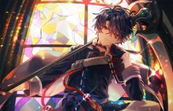 Rule 34 | 1boy, black hair, closed mouth, head rest, holding, holding weapon, long sleeves, looking at viewer, looking down, mahoutsukai no yakusoku, male focus, naruta iyo, red eyes, scythe, shino sherwood, short hair, sitting, solo, stained glass, weapon, window