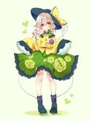 Rule 34 | 1girl, :q, black footwear, black hat, blouse, blush, boots, bow, bright pupils, buttons, closed mouth, diamond button, eyeball, floral print, frilled shirt collar, frilled skirt, frilled sleeves, frills, full body, green background, green eyes, green skirt, hat, hat bow, heart, heart of string, highres, knees, komeiji koishi, light green hair, long sleeves, looking to the side, medium hair, rose print, shirt, simple background, skirt, sleeves past fingers, sleeves past wrists, smile, solo, standing, third eye, toconikky, tongue, tongue out, touhou, wavy hair, wide sleeves, yellow bow, yellow shirt