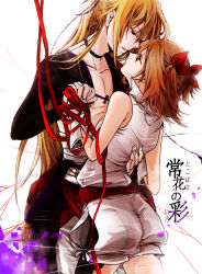 Rule 34 | 1boy, 1girl, bandages, black choker, blonde hair, brother and sister, brown eyes, choker, collarbone, commentary request, eyeliner, flower, height difference, high ponytail, holding hands, japanese clothes, kagamine len, kagamine rin, karakasa garaku, knife (vocaloid), long hair, looking at another, makeup, pectorals, petals, profile, project diva (series), project diva f 2nd, purple flower, red eyeliner, red ribbon, ribbon, short hair, siblings, sleeveless, standing, translation request, twins, two side up, upper body, very long hair, vocaloid, white background