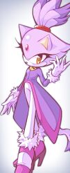 Rule 34 | 1girl, absurdres, animal ears, blaze the cat, cat ears, cat girl, cat tail, forehead jewel, fur-trimmed footwear, fur-trimmed gloves, fur trim, furry, furry female, gloves, high heels, highres, jacket, nano (nanolovesyou), pants, pink footwear, ponytail, purple jacket, sonic (series), tail, white gloves, white pants, yellow eyes