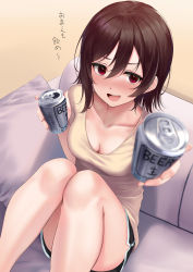 Rule 34 | 1girl, absurdres, alcohol, beer, beer can, black shorts, blush, breasts, brown hair, can, cleavage, commentary request, couch, downblouse, drink can, foreshortening, from above, full-face blush, hair between eyes, highres, incoming drink, looking at viewer, looking up, medium breasts, open mouth, rama (yu-light8), red eyes, shirt, short hair, short shorts, short sleeves, shorts, sitting, solo, t-shirt, teeth, translated, upper teeth only, yellow shirt