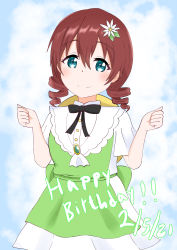 Rule 34 | 1girl, absurdres, apron, aqua eyes, artist name, artist request, back bow, black bow, black bowtie, blue eyes, blue sky, blush, bow, bowtie, braid, breasts, brooch, brown hair, buttons, clenched hands, cloud, collared dress, day, dress, drill hair, emma verde, female focus, flower, freckles, frilled dress, frills, green apron, green bow, hair between eyes, hair flower, hair ornament, hat, hat on back, highres, jewelry, la bella patria, long hair, looking at viewer, love live!, love live! nijigasaki high school idol club, love live! school idol festival, low twintails, otsukimi (otsukimiy), outdoors, parted lips, plaid, plaid dress, red hair, sash, shirt, short hair, short sleeves, skirt, sky, small breasts, smile, solo, sun hat, tareme, twin braids, twin drills, twintails, two-tone dress, white dress, white flower, white skirt, wide sleeves