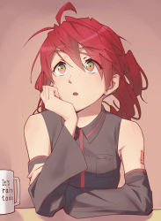 Rule 34 | 1girl, :o, ahoge, arm support, bare shoulders, black shirt, black sleeves, blouse, breast pocket, commentary, cup, detached sleeves, drill hair, english text, gradient eyes, head rest, highres, kasane teto, looking up, multicolored eyes, pocket, red eyes, red hair, shirt, short hair, shoulder tattoo, sitting, sleeveless, sleeveless shirt, solo, tattoo, twin drills, upper body, utau, yasutange