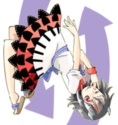 Rule 34 | 1girl, :p, arnest, arrow (symbol), black hair, dress, full body, grey horns, hand up, horns, kijin seija, looking at viewer, medium hair, one eye closed, red eyes, red hair, sandals, short sleeves, simple background, solo, tongue, tongue out, touhou, upside-down, white background, white dress, wristband, zouri