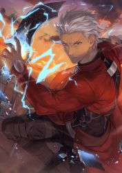 Rule 34 | 1boy, archer (fate), artist name, black shirt, brown pants, commentary request, covered abs, cropped jacket, dark-skinned male, dark skin, dutch angle, energy, fate/stay night, fate (series), grey hair, highres, holding, holding sword, holding weapon, knee up, long sleeves, male focus, mondi hl, outdoors, pants, serious, shirt, short hair, solo, sword, weapon, white hair