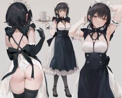 Rule 34 | 1girl, apron, armpits, ass, black hair, blush, bow, breasts, character request, chowbie, cleavage, dress, elbow gloves, frills, gloves, high heels, large breasts, long dress, looking at viewer, maid, maid headdress, maid master, o-ring, parted lips, short hair, smile, solo, standing, thighhighs, thighs
