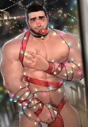 Rule 34 | 1boy, abs, antlers, arm hair, bara, bare pectorals, beard, beckoning, black collar, blush, chest hair, christmas, collar, come hither, condom, condom in mouth, condom wrapper, covering crotch, covering privates, dopey (dopq), facial hair, feet out of frame, grabbing, grabbing own breast, hat, highres, horns, large pectorals, looking at viewer, male focus, male pubic hair, mature male, mouth hold, muscular, muscular male, mustache, naked ribbon, navel, navel hair, nipples, original, pectoral grab, pectorals, pubic hair, pubic hair peek, red ribbon, reindeer antlers, ribbon, santa costume, santa hat, seductive smile, short hair, smile, solo, stomach, thick eyebrows, thick thighs, thighs