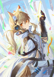 Rule 34 | 1girl, animal ear fluff, animal ears, arknights, banner, black gloves, blonde hair, coat, confetti, energy weapon, from side, gloves, hand up, headset, highres, horse ears, horse girl, horse tail, implied extra ears, lens flare, long hair, looking at viewer, low ponytail, luren max, nearl (arknights), nearl the radiant knight (arknights), orange eyes, ponytail, smile, solo, tail, white coat
