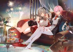 Rule 34 | 2girls, azur lane, bare shoulders, black headwear, breasts, brown hair, cake, closed mouth, couch, crossed legs, cup, fireworks, food, fruit, glass, gloves, hat, unworn headwear, holding, holding cup, hou (ppo), large breasts, leaning forward, looking at viewer, luetzow (azur lane), medium hair, military hat, military uniform, multiple girls, official art, on couch, open mouth, pantyhose, pink hair, seydlitz (azur lane), short hair with long locks, sitting, smile, strawberry, thighs, uniform, white gloves, white pantyhose