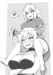 Rule 34 | 2girls, absurdres, blush, bowsette, breast hold, breasts, carrying, cleavage, collar, collarbone, commentary request, crossed arms, crown, dress, fang, greyscale, heart, highres, horns, large breasts, mario (series), monochrome, multiple girls, new super mario bros. u deluxe, nintendo, princess peach, puffy short sleeves, puffy sleeves, shanaharuhi, shoes, short sleeves, single shoe, sleeveless, smile, spiked collar, spikes, spoken heart, strapless, super crown, sweatdrop, thighhighs, thought bubble, yuri