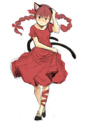 Rule 34 | 1girl, animal ears, blush, braid, brown eyes, cat ears, cat girl, cat tail, dress, extra ears, female focus, kaenbyou rin, long hair, looking at viewer, multiple tails, pointy ears, red eyes, red hair, simple background, smile, solo, tail, touhou, twin braids, twintails, white background, yudepii
