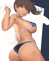 Rule 34 | 1girl, alternate costume, ass, bikini, blue background, blush, breasts, brown hair, cowboy shot, from behind, hair between eyes, highres, kaga (kancolle), kantai collection, long hair, looking at viewer, looking back, medium breasts, micro bikini, multicolored bikini, multicolored clothes, o-ring, o-ring bikini, o-ring bikini bottom, open mouth, side ponytail, sideboob, simple background, skindentation, solo, standing, strap gap, swimsuit, towel, twitter username, two-tone background, underboob, unfinished, wa (genryusui), white background, yellow eyes