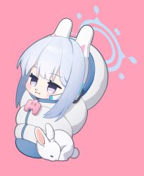 Rule 34 | 1girl, animal, animal ears, blue archive, blue halo, blush, cheenack, chibi, closed mouth, earpiece, fake animal ears, grey hair, halo, highres, long hair, miyako (blue archive), pink background, purple eyes, rabbit, rabbit ears, simple background, solo