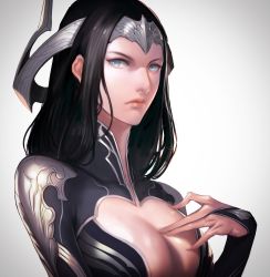 Rule 34 | 1girl, absurdres, armor, black hair, blue eyes, breasts, cleavage, closed eyes, closed mouth, forehead protector, grey background, grey eyes, hand on breast, highres, hong soon-jae, large breasts, long hair, looking at viewer, original, serious, shiny skin, solo, upper body