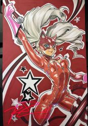 Rule 34 | 10s, 1girl, blonde hair, blue eyes, bodysuit, boots, fake tail, gloves, highres, mask, persona, persona 5, pink gloves, red bodysuit, robaato, solo, tagme, tail, takamaki anne, thigh boots, thighhighs, whip, zipper