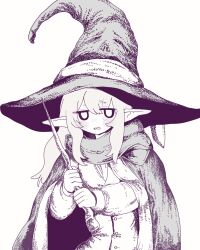 Rule 34 | 1girl, blush, cape, dithering, elf, embarrassed, hat, hat ribbon, highres, holding, holding wand, jitome, long hair, looking at viewer, monochrome, no nose, oka (okakanoka), original, parted lips, pointy ears, ribbon, scarf, sidelocks, simple background, solo, wand, witch, witch hat