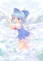 Rule 34 | 1girl, bloomers, blue eyes, blue hair, blue sky, blush, circled 9, cirno, dress, dunceneygak, fang, frog, frozen, frozen frog, full body, hair ornament, hair ribbon, highres, ice, ice wings, kneeling, looking at viewer, matching hair/eyes, open mouth, puffy sleeves, ribbon, short hair, short sleeves, sky, smile, snowflakes, socks, solo, sparkle, symbol-shaped pupils, touhou, tree, underwear, white socks, wings