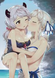 Rule 34 | 10s, 2girls, ;d, bare arms, bare legs, bare shoulders, bikini, black one-piece swimsuit, blush, breasts, brown eyes, carrying, carrying person, cleavage, closed eyes, cucouroux (granblue fantasy), day, draph, dripping, fingernails, granblue fantasy, hair ornament, hair ribbon, hair scrunchie, horns, kiss, kumuyu, long hair, medium breasts, multiple girls, o-ring, o-ring bikini, one-piece swimsuit, one eye closed, open mouth, outdoors, pettan p, profile, ribbon, scrunchie, siblings, silver hair, sisters, smile, strapless, strapless one-piece swimsuit, swimsuit, tareme, upper body, very long hair, water, water drop, wavy hair, wet, white bikini, white ribbon, yuri