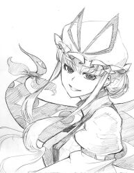 Rule 34 | 1girl, commentary request, disembodied eye, gap (touhou), hat, hat ribbon, looking at viewer, mob cap, monochrome, one-hour drawing challenge, portrait, ribbon, rivasan, short hair with long locks, sidelocks, simple background, smile, solo, tabard, touhou, traditional media, white background, yakumo yukari
