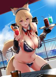 Rule 34 | 1girl, animal ear fluff, animal ears, beach, bikini, blonde hair, breasts, drink, fox ears, fox girl, fox tail, highres, large breasts, long hair, looking at viewer, maid headdress, open mouth, original, ponytail, red eyes, smile, solo, swimsuit, tail, tray, water, yukusasu