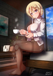 Rule 34 | 1girl, bed, black pantyhose, blonde hair, blue eyes, blush, braid, breasts, cleavage, closed mouth, cup, darjeeling (girls und panzer), girls und panzer, highres, indoors, large breasts, looking at viewer, megadeko, navel, no bra, on bed, pantyhose, shiny skin, shirt, sitting, sky, smile, solo, teacup, white shirt, window
