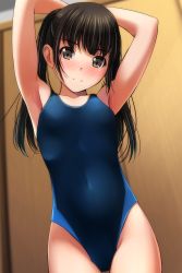 Rule 34 | 1girl, absurdres, armpits, arms behind head, arms up, bare arms, bare shoulders, black hair, blue one-piece swimsuit, blurry, blurry background, blush, brown eyes, closed mouth, collarbone, competition swimsuit, covered navel, cowboy shot, depth of field, female focus, highres, indoors, long hair, looking at viewer, matsunaga kouyou, nose blush, one-piece swimsuit, original, smile, solo, swimsuit, twintails