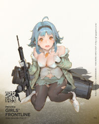 Rule 34 | 1girl, 3:, ahoge, assault rifle, bare shoulders, black thighhighs, blue hair, blush, boots, breasts, character name, cleavage, coat, copyright name, fang, female focus, full body, fur trim, girls&#039; frontline, gun, hairband, highres, holding, holding gun, holding weapon, krenz, looking at viewer, medium breasts, navel, official art, open clothes, open coat, open mouth, orange eyes, rifle, shadow, shirt, short hair, sidelocks, solo, squatting, t91 (girls&#039; frontline), t91 assault rifle, tears, thighhighs, torn clothes, torn shirt, torn thighhighs, watermark, weapon, web address, white footwear
