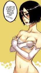 Rule 34 | 1girl, black hair, bleach, blush, bottomless, breasts, cleavage, collarbone, covering privates, covering breasts, cowboy shot, elbow gloves, embarrassed, english text, fingerless gloves, gloves, hair between eyes, hard-translated, kuchiki rukia, open mouth, purple eyes, rusky, sarashi, short hair, small breasts, solo, third-party edit, underwear, underwear only, white gloves, yellow background
