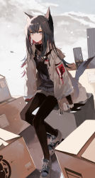 Rule 34 | 1girl, animal ears, arknights, black gloves, black hair, black pantyhose, black sweater, blue footwear, box, brown eyes, cardboard box, closed mouth, coat, elbow gloves, full body, gloves, grey shorts, highres, id card, light particles, long hair, looking at viewer, official alternate costume, open clothes, open coat, pantyhose, pantyhose under shorts, qtonagi, shoes, short shorts, shorts, sitting, sneakers, solo, sweater, tail, texas (arknights), texas (winter messenger) (arknights), white coat, wolf ears, wolf girl, wolf tail