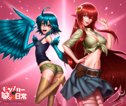Rule 34 | 2girls, absurdres, ahoge, angellmoonlight, bare shoulders, belt, blue hair, blue wings, breasts, copyright name, fang, feathered wings, feathers, flat chest, hair between eyes, hair ornament, hairclip, harpy, highres, lamia, large breasts, long hair, looking at viewer, midriff, miia (monster musume), miniskirt, monster girl, monster musume no iru nichijou, multiple girls, navel, one eye closed, open mouth, orange eyes, papi (monster musume), pleated skirt, pointy ears, red hair, scales, shirt, short hair, short shorts, shorts, simple background, skirt, sleeveless, sleeveless shirt, slit pupils, small breasts, tail, tank top, thumbs up, tied shirt, very long hair, winged arms, wings, yellow eyes