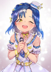 Rule 34 | 1girl, ;d, blue hair, blush, bow, choker, collarbone, detached sleeves, dress, grey background, half-closed eye, hat, highres, holding, holding microphone, idolmaster, idolmaster million live!, long hair, microphone, mini hat, nanao yuriko, one eye closed, open mouth, own hands together, puffy short sleeves, puffy sleeves, sailor collar, sailor dress, shennai misha, short sleeves, sleeveless, sleeveless dress, smile, solo, tears, tilted headwear, white dress, white hat, white sailor collar, white sleeves, wrist cuffs, yellow bow, yellow choker, yellow eyes