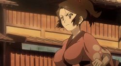 Rule 34 | 00s, 1girl, animated, animated gif, bouncing breasts, breasts, brown eyes, brown hair, fuu (samurai champloo), large breasts, lowres, ponytail, samurai champloo, solo