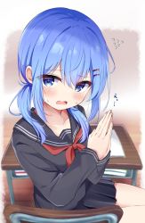 Rule 34 | 1girl, absurdres, begging, blue eyes, blue hair, blush, breasts, cleavage, desk, hair ornament, hairclip, highres, looking at viewer, nagomi yayado, open mouth, original, own hands clasped, own hands together, palms together, red ribbon, ribbon, school desk, school uniform, sitting, skirt, small breasts, solo, twintails
